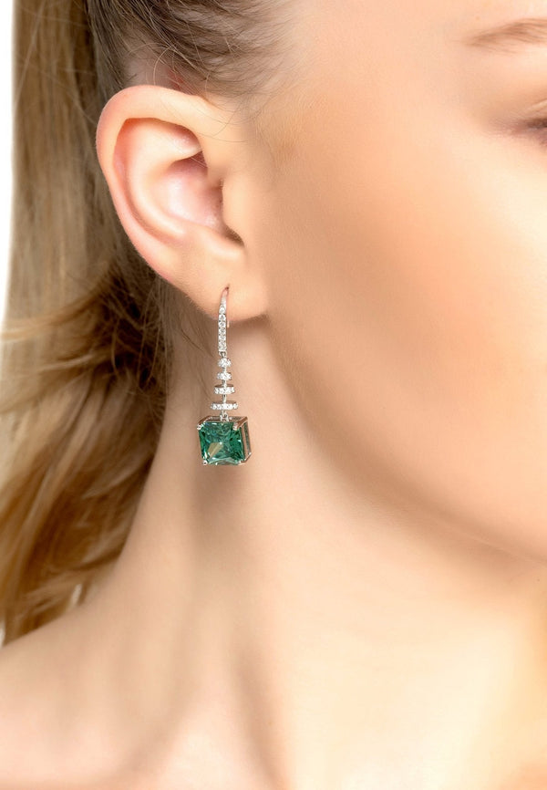 Spiral Square Crystal Drop Earrings Emerald Green Silver