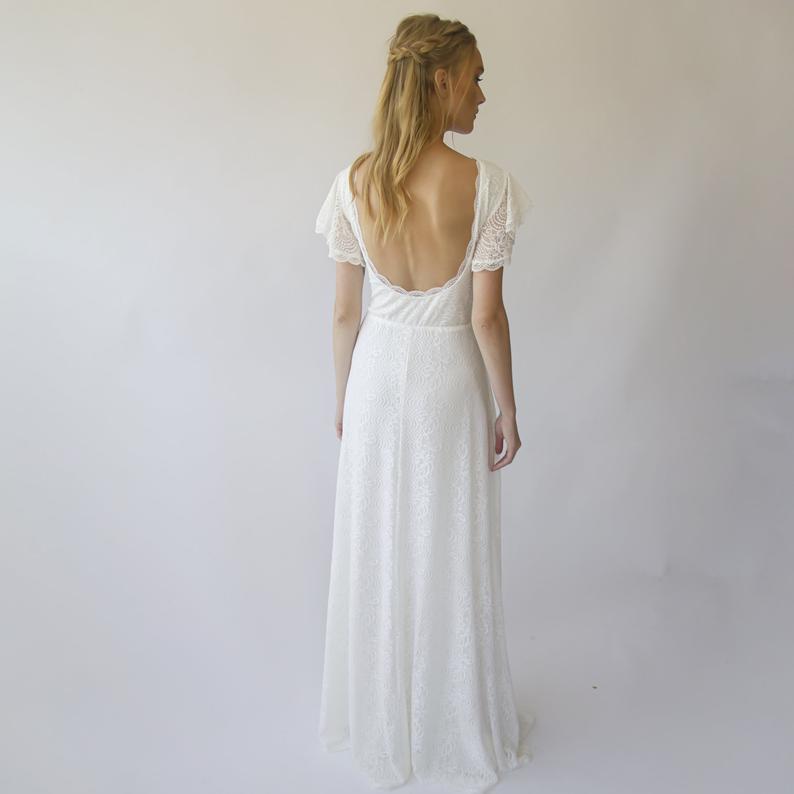 Flutter Sleeves Open Back Wedding Dress #1303