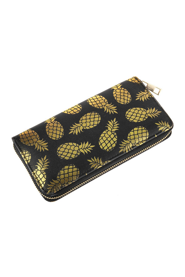 Hdg2825bk - Black Gold Pineapple Print Zipper Wallet