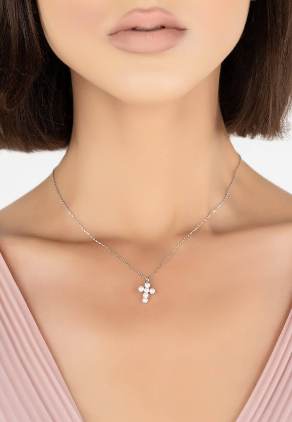 Pearl Cross Necklace Silver