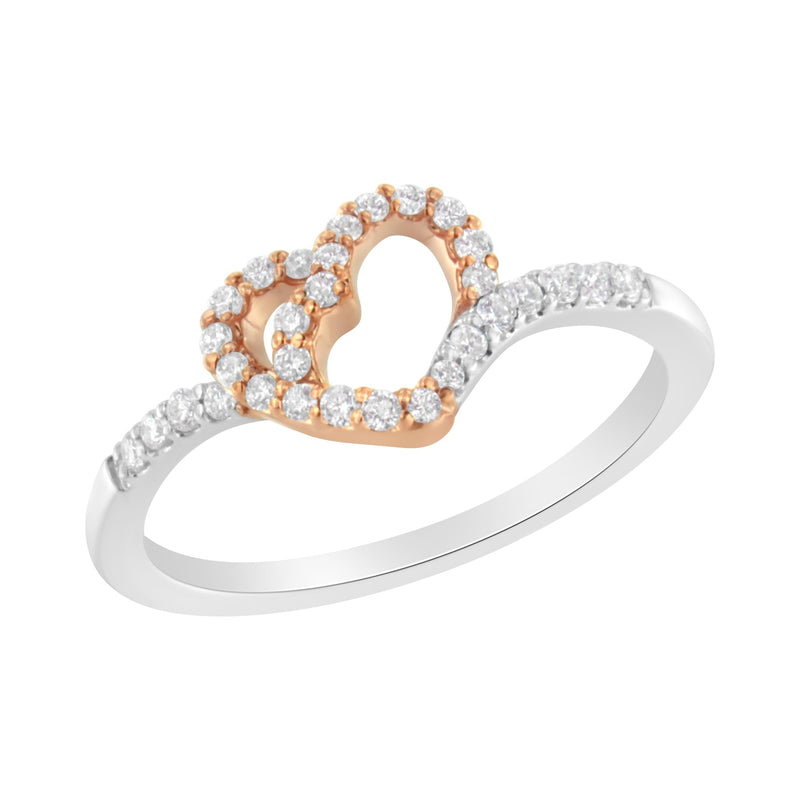 10K Rose Gold Over .925 Sterling Silver 1/5 Cttw Diamond Two Tone Open Heart Promise or Fashion Ring (I-J Color, I2-I3 C