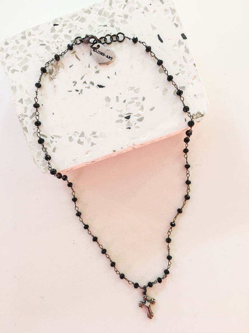 Black Rosary Necklace With Silver Cross and Cubic Zirconia. In 2 Length.