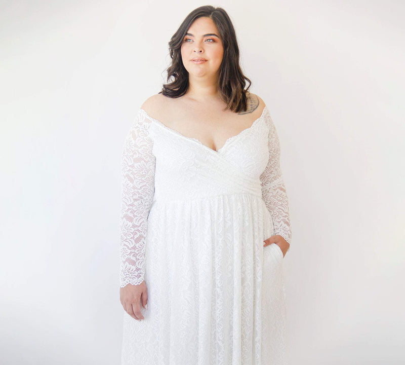 Curvy  Ivory Off the Shoulder Lace Wrap Wedding Dress  With Pockets  #1316