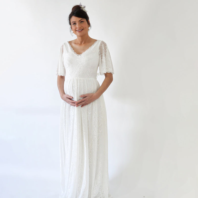 Maternity Butterfly Sleeves Bohemian Lace Ivory Wedding Dress #7017