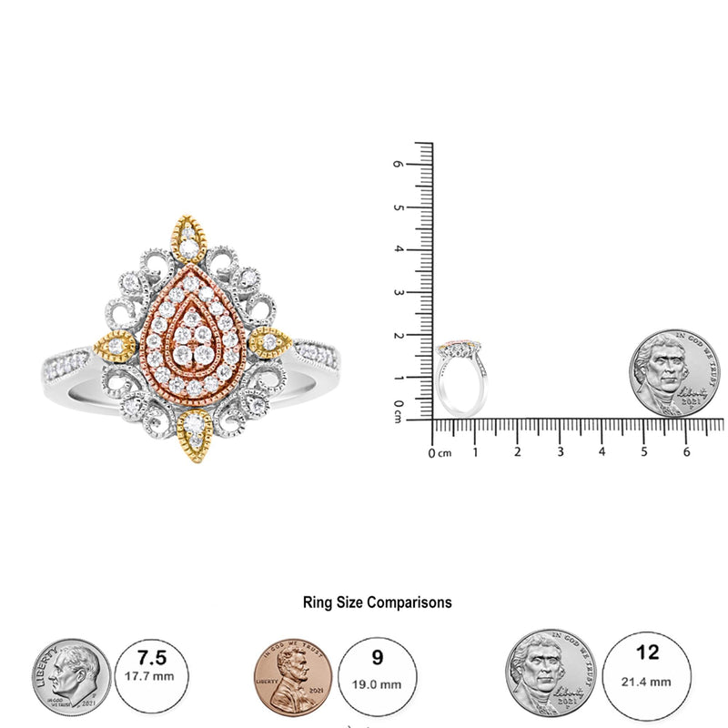 14K Tri Gold 1/4 Cttw Diamond Art Deco Style Halo Cocktail Ring (H-I Color, VS1-VS2 Clarity) - Ring Size 7
