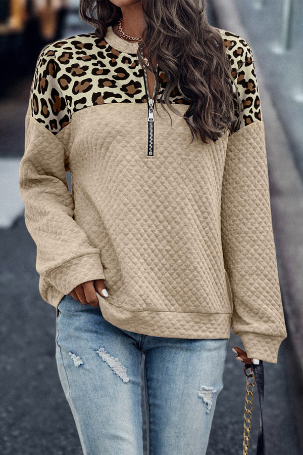 Harlow Leopard Splicing Drop Shoulder Zipped Sweatshirt