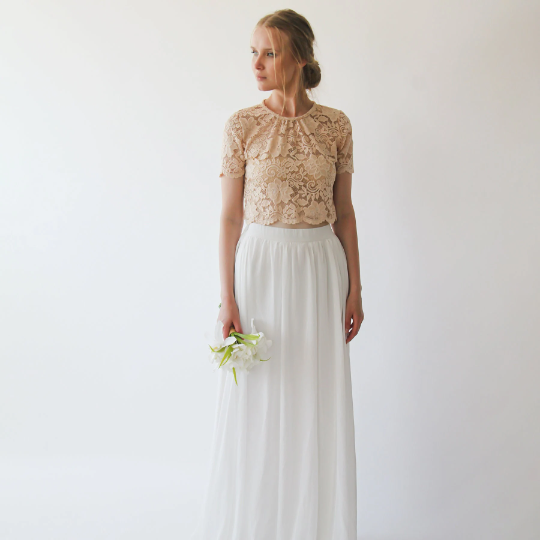 Wedding Dress Separates, Blush Lace Top, Ivory Chiffon Skirt #1380