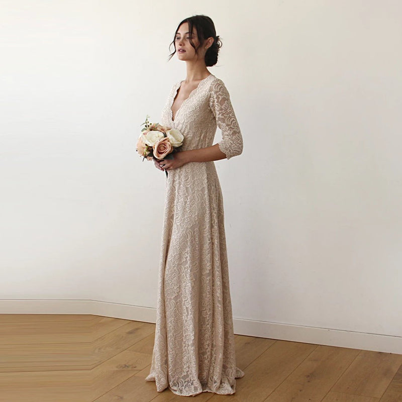 Golden Lace Wedding Dress, Vintage Inspired Maxi Wrap Dress 1124