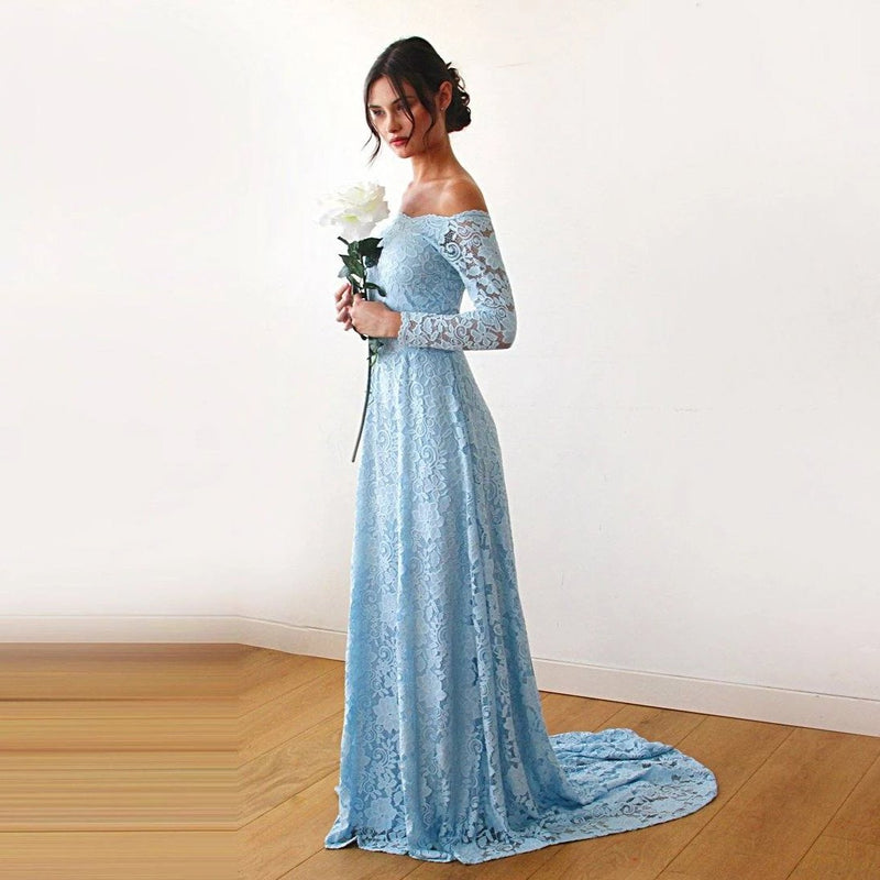Light Blue Off-The-Shoulder Floral Lace Long Sleeve Gown With Train 11 Boho Jeans Light Blue Off-The-Shoulder Floral Lace Long Sleeve Gown With Train 11 Boho Jeans