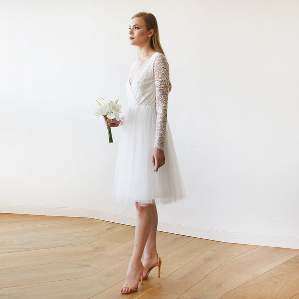 Short Wedding Dress ,Ivory Tulle & Lace Midi  Dress #1144