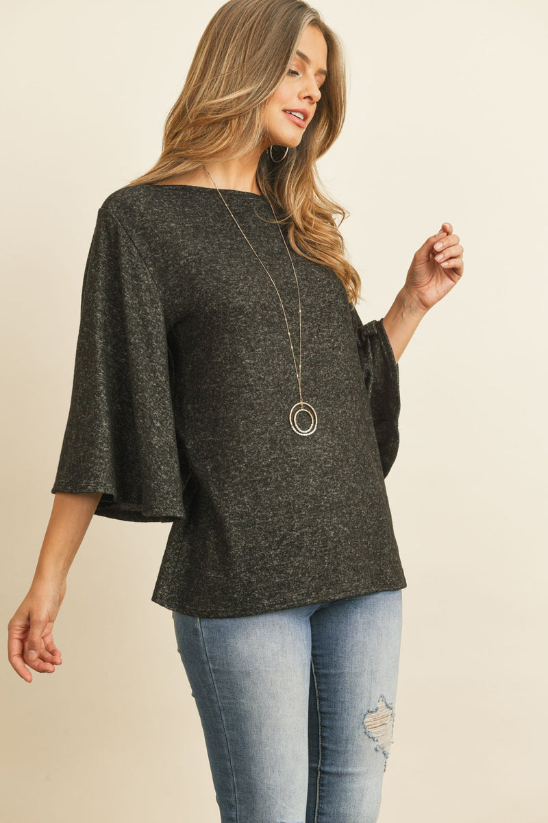 Boat Neck Bell Sleeve Solid Hacci Brushed Top