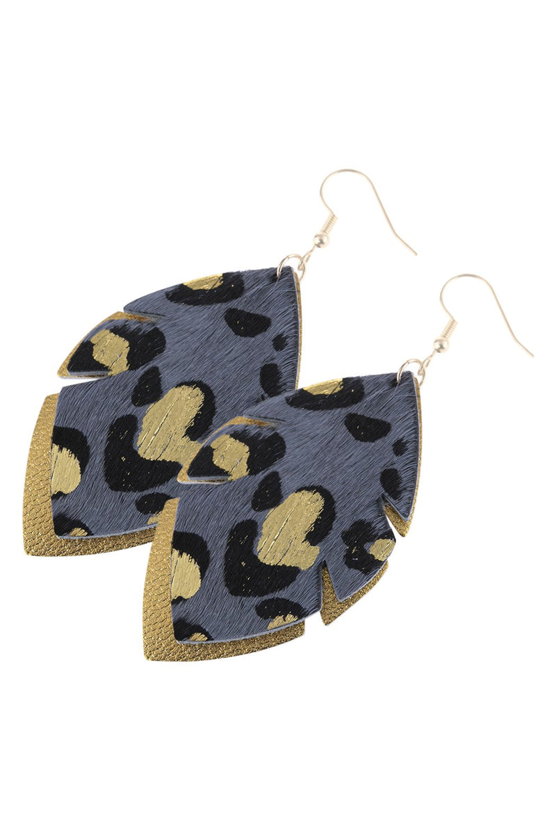Hde3054 - Leaf Shape Leopard Leather Drop Earrings