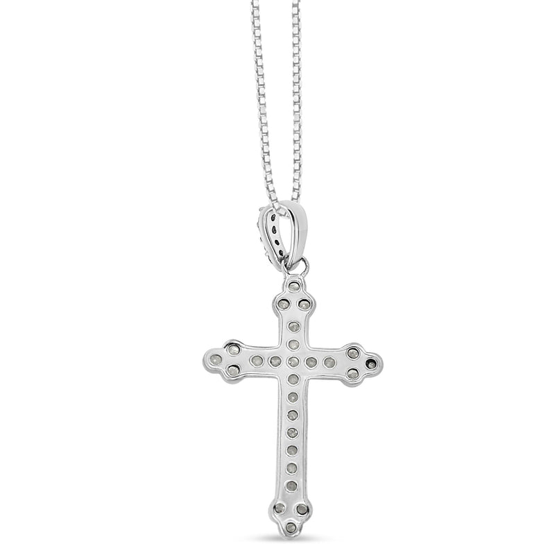 .925 Sterling Silver 1/4 Cttw Prong Set Round-Cut Diamond Cross 18" Pendant Necklace - (I-J Color, I3-Promo Quality)