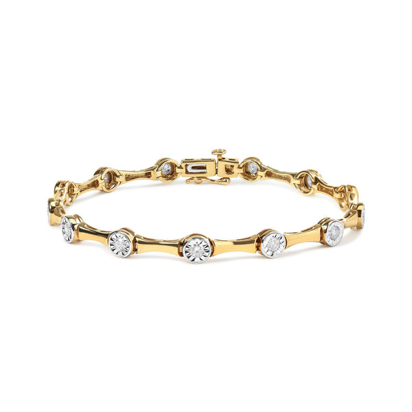 10K Yellow Gold Plated .925 Sterling Silver 1.0 Cttw Miracle Set Diamond Bezel Style Station Link Bracelet (H-I Color, I