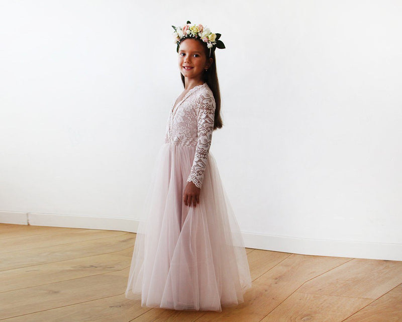 Tulle and Lace Long Sleeves Pink Flower Girls Gown 5043