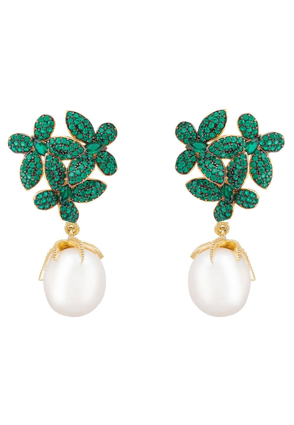 Flowers Baroque Pearl Earrings Emerald Green Gold