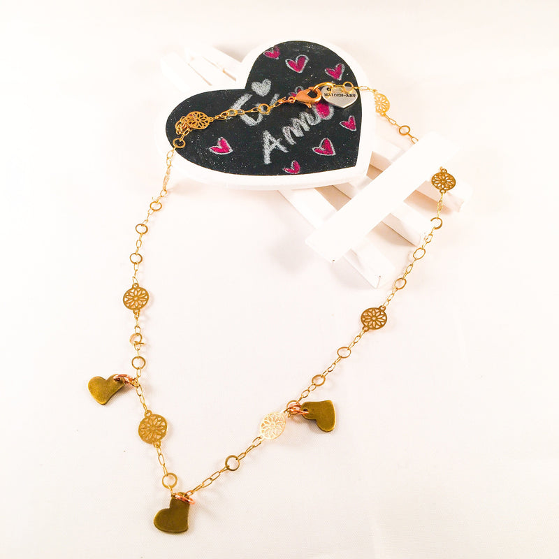 Triple Bronze Heart Charms Necklace With 18kt Gold Plated Flower Chain.
