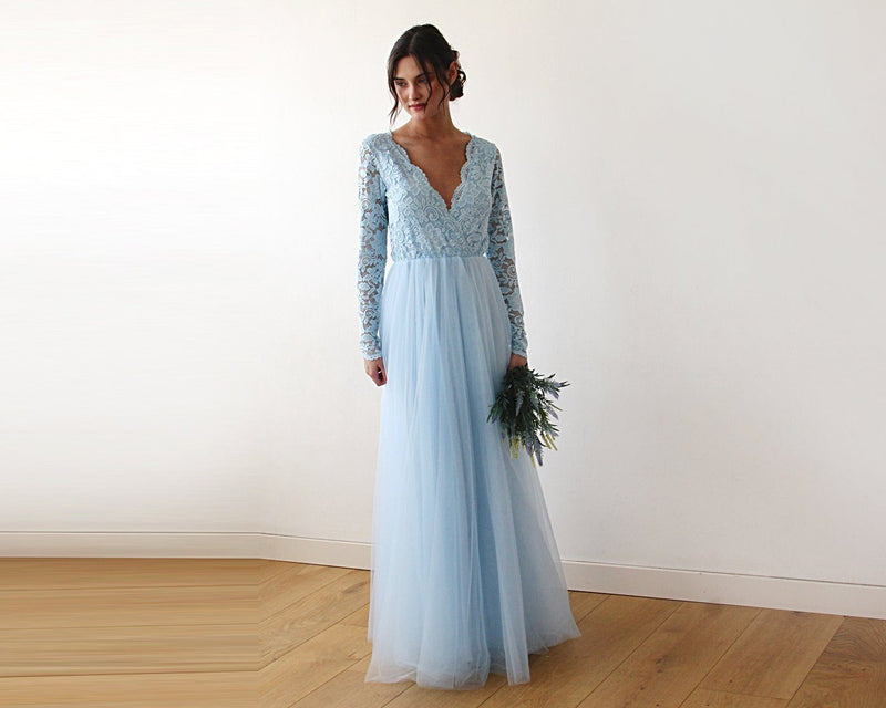 Light Blue Tulle and Lace Long Sleeve Wedding Maxi Dress 1125