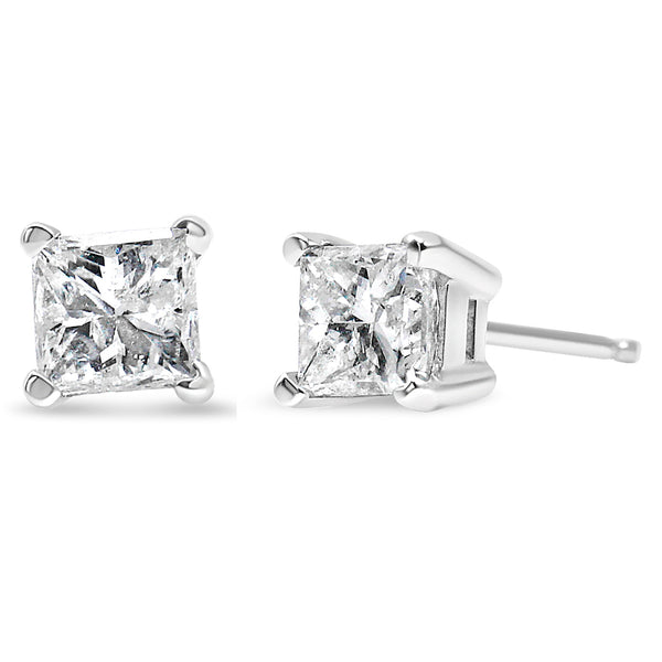 AGS Certified 14k White Gold 1.0 Cttw 4-Prong Set Princess-Cut Solitaire Diamond Push Back Stud Earrings for Women (E-F