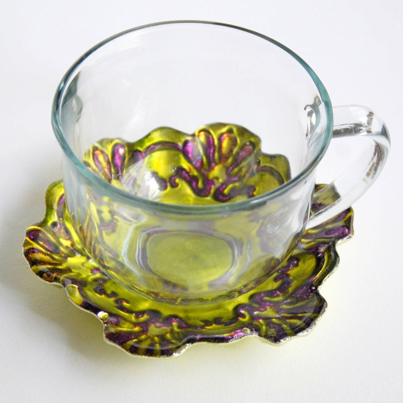 Set/2 LACE 18oz Jumbo Cup and Saucer Green/Purple