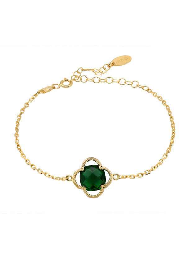 Open Clover Flower Gemstone Bracelet Gold Emerald