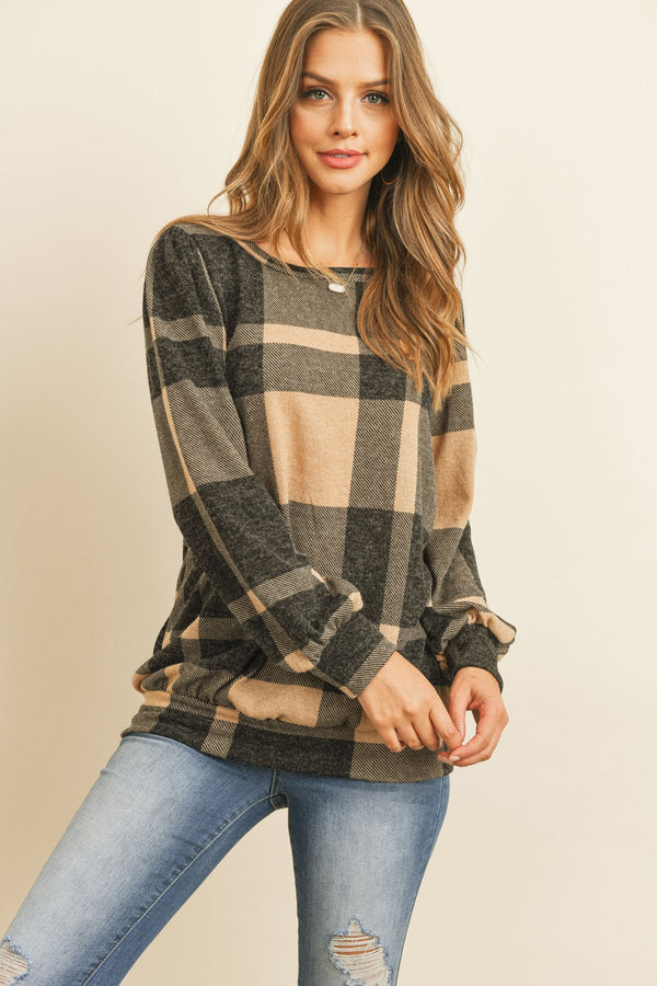 Plaid Round Neck Long Sleeve Top