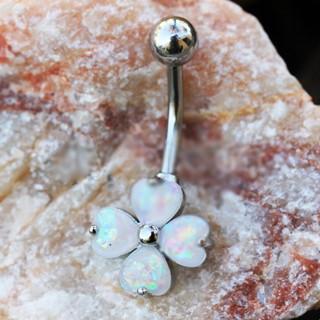 316L Stainless Steel White Synthetic Opal Clover Navel Ring