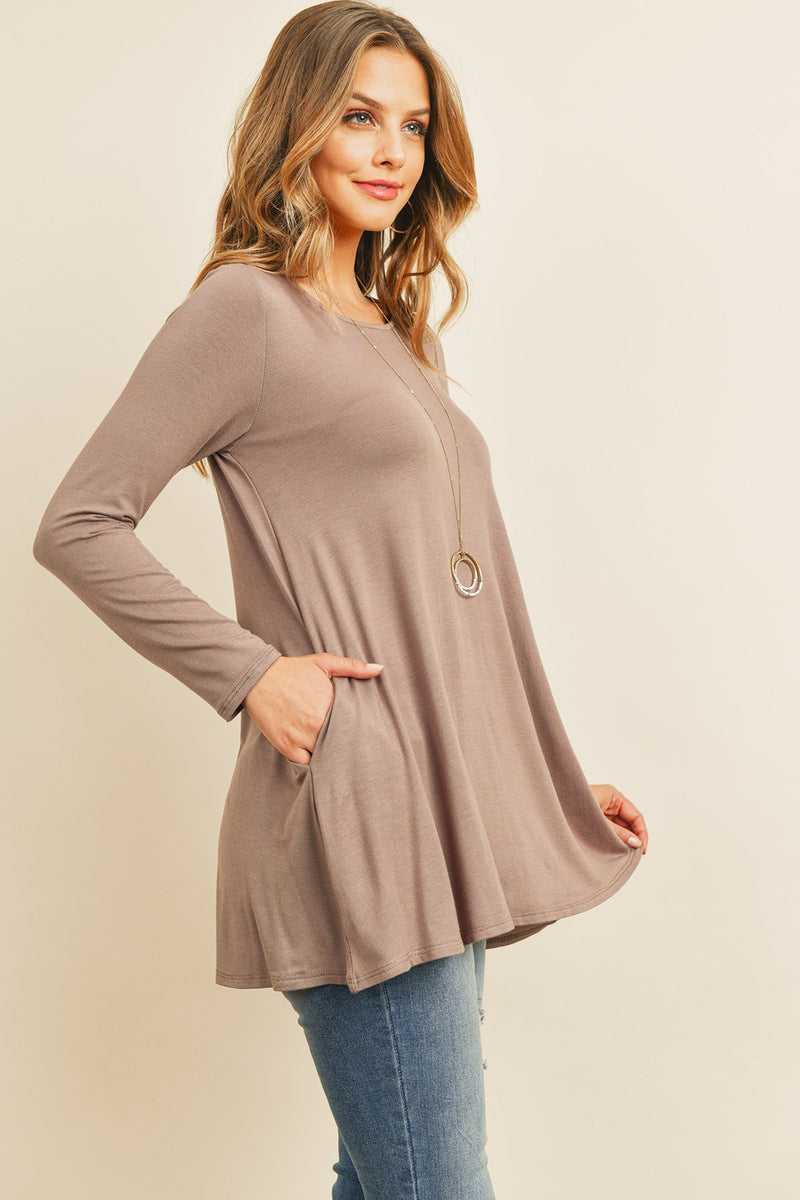 Solid Long Sleeve Top With Inseam Pocket
