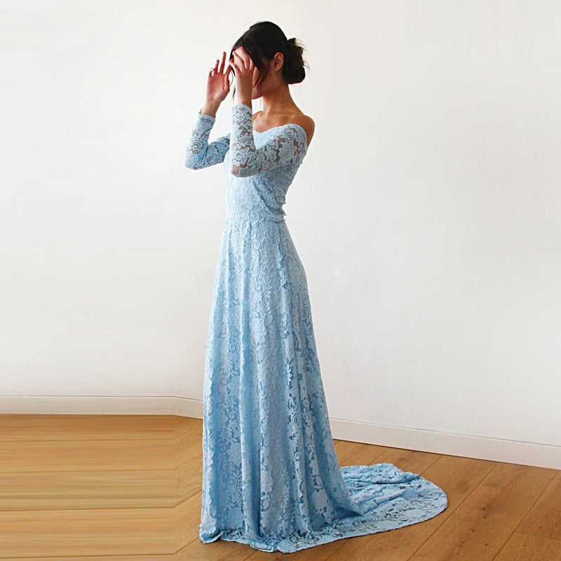 Light Blue Off-The-Shoulder Floral Lace Long Sleeve Gown With Train 11 Boho Jeans Light Blue Off-The-Shoulder Floral Lace Long Sleeve Gown With Train 11 Boho Jeans