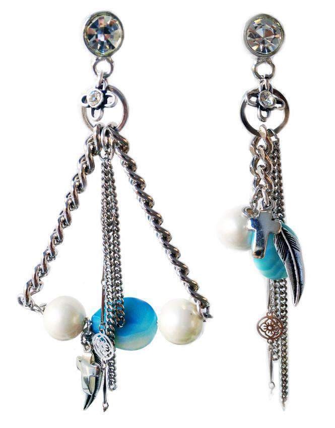 Chandelier Earrings With Blue Agate Stones, Crosses, Feathers, Pearls, Swarovski Crystals and Charms. Trendy Earrings, T