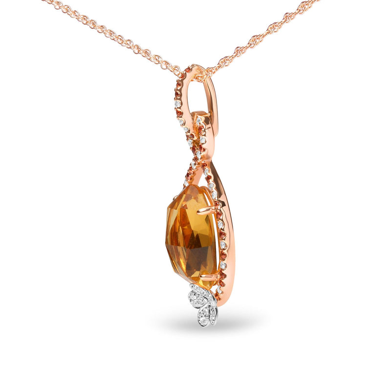 18K Rose Gold 1/5 Cttw Diamond and Oval Yellow Citrine and Round Orange Sapphire Gemstone Openwork Halo Teardrop With Fl