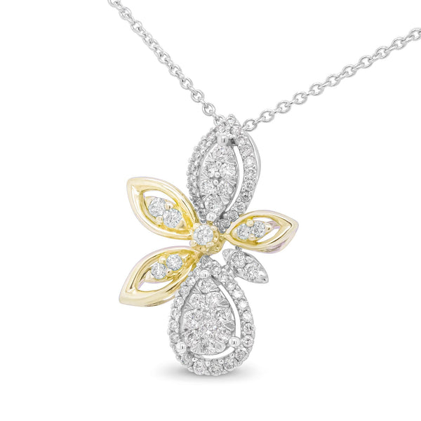 14K White and Yellow Gold 5/8 Cttw Round Diamond Marquise Floral Style 18" Pendant Necklace (H-I Color, I1-I2 Clarity)
