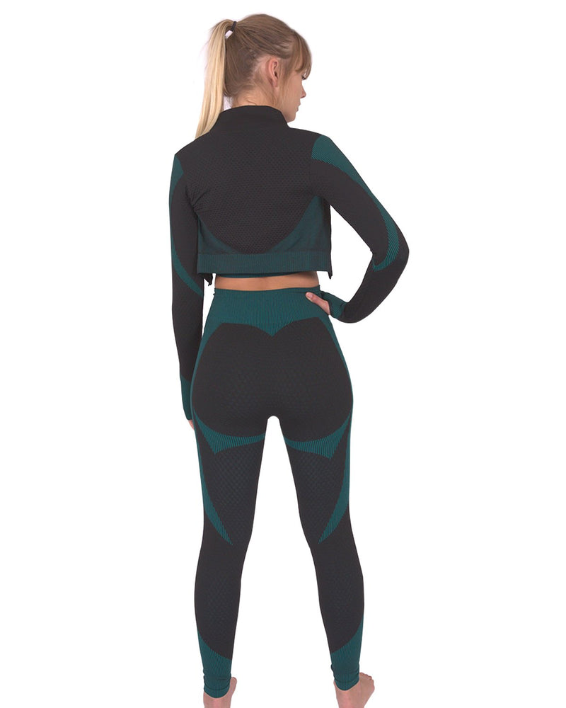 Trois Seamless Jacket, Leggings & Sports Top 3 Set - Black With Teal Blue