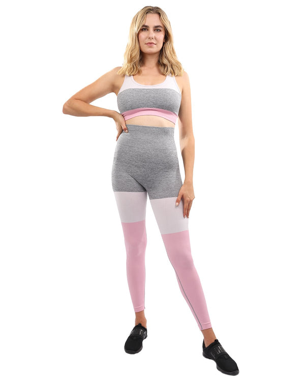 Graca Seamless Leggings & Sports Bra Set - Grey With Pink & White