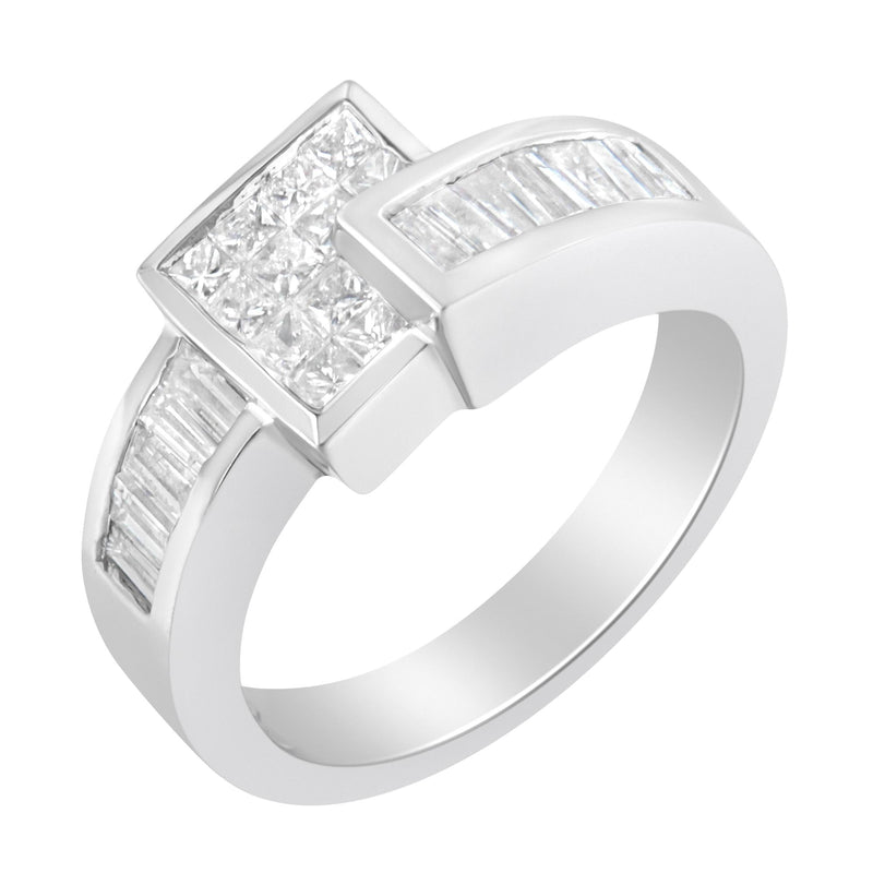 14K White Gold Princess and Baguette-Cut Diamond Ring (1 1/3 Cttw, G-H Color, SI2-I1 Clarity) - Size 7