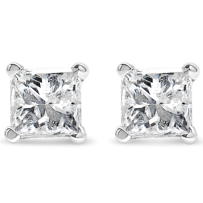 AGS Certified 14k White Gold 1.0 Cttw 4-Prong Set Princess-Cut Solitaire Diamond Push Back Stud Earrings for Women (E-F