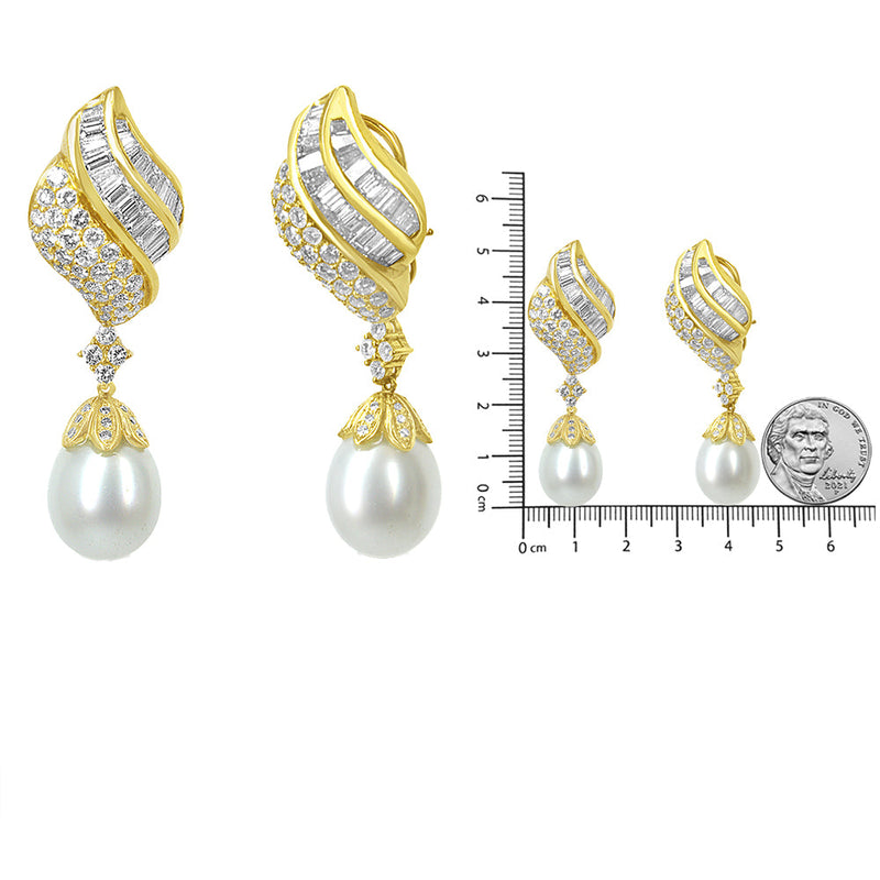 18k Yellow Gold 7.0 Cttw Baguette and Round Diamond South Sea Pearl Drop Dangle Clip-On Earrings (F-G Color, VS1-VS2 Cla