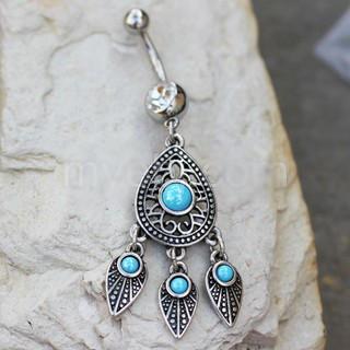 316L Stainless Steel Turquoise Teardrop and Feather Dangle Navel Ring