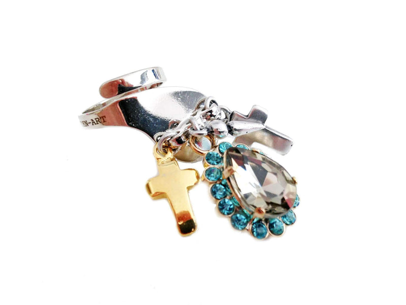 Light Blu Rhinestones Statement Ring With Silver Plated Brass, Antique Silver, Gold Charms and Logo Engraved. Trendy Jew