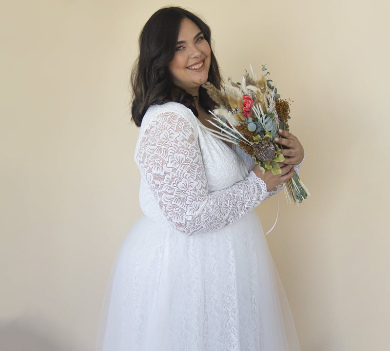 Bestseller Curvy  Ivory Wedding Dress , Sheer Illusion Tulle Skirt on Lace #1315
