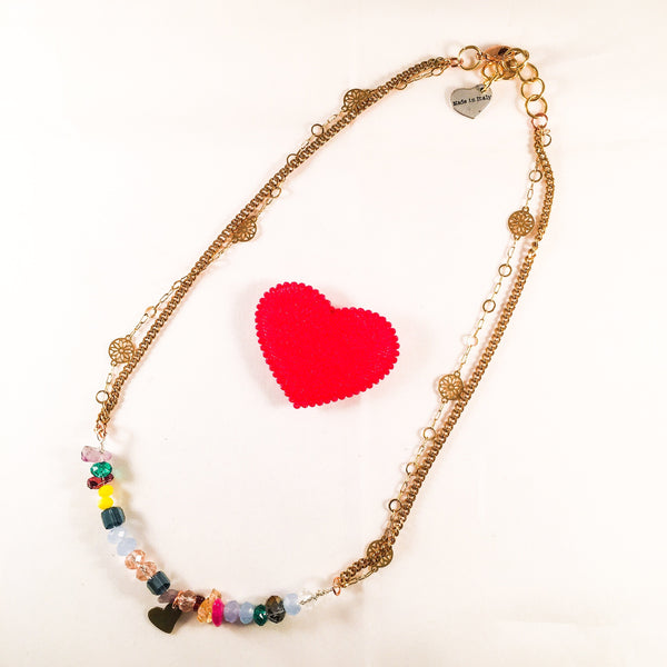 Colorful Beads and Stones Bronze Heart Necklace