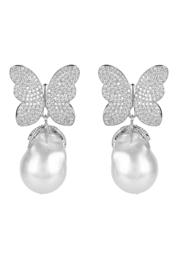 Baroque Pearl White Butterfly Earrings Silver