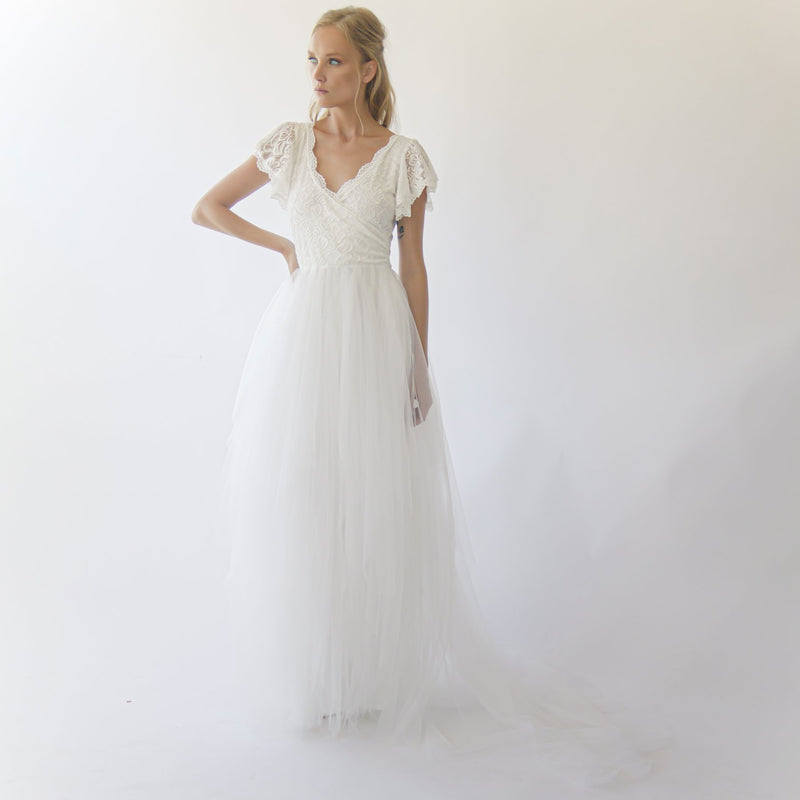 Fairy Blush Wrap Wedding Dress, Butterfly Sleeves and Puffy Tulle #1293