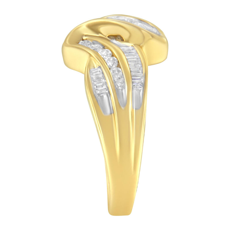 10K Yellow Gold 3/4 Cttw Channel Set Round and Baguette-Cut Diamond Double Shank Bypass Ring (J-K Color, I1-I2 Clarity)