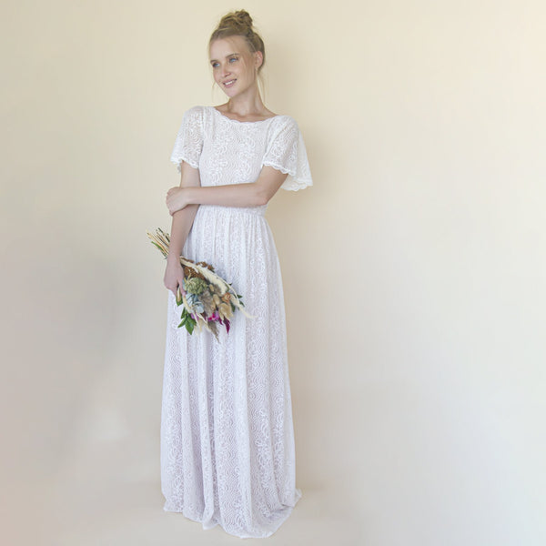 Vintage Lace Wedding Dress , Short Sleeves Modest Pearly Wedding Dress  #1346