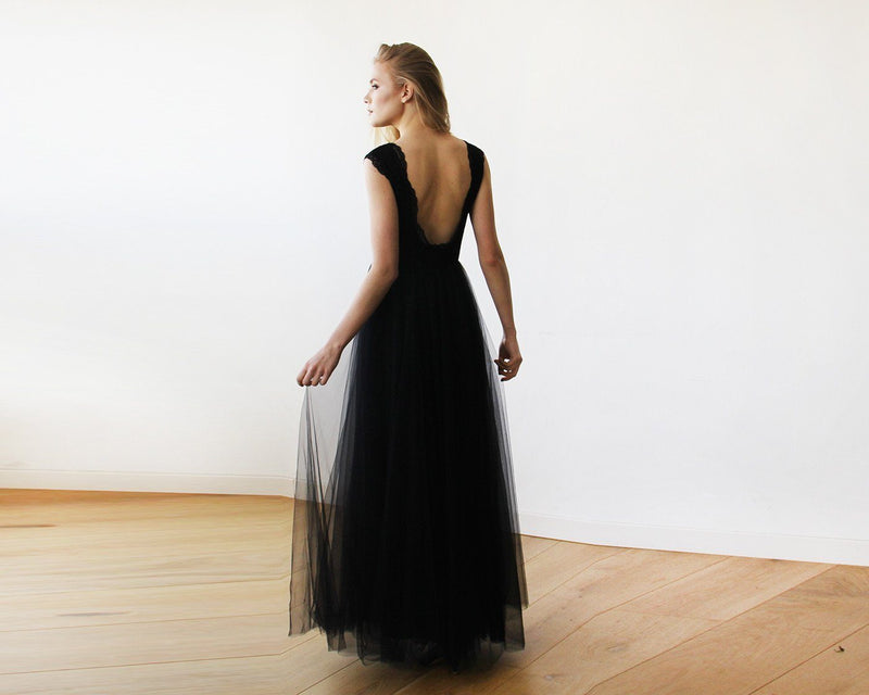 Black Tulle and Lace Sleeveless Maxi Gown 1145