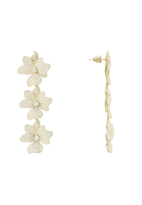 Jasmine Flower Triple Drop Earrings Gold