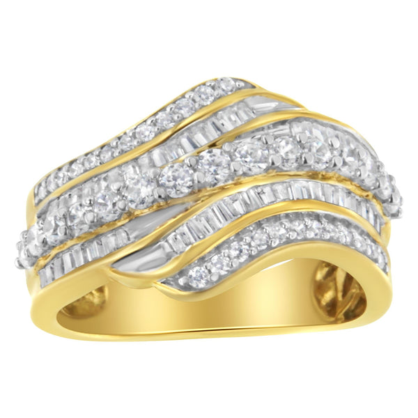 10K Yellow Gold 1.0 Cttw Baguette and Round Diamond Multi-Row Wave Bypass Ring ( Color, Clarity) - Size 9