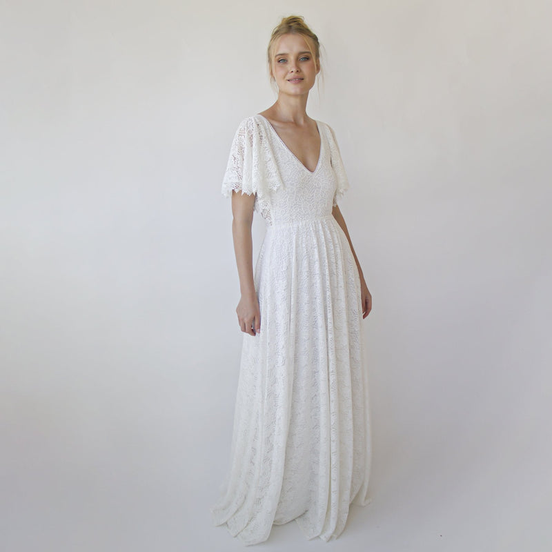 Open Back Wedding Dress, Lace Short Sleeves Bridal Dress #1360