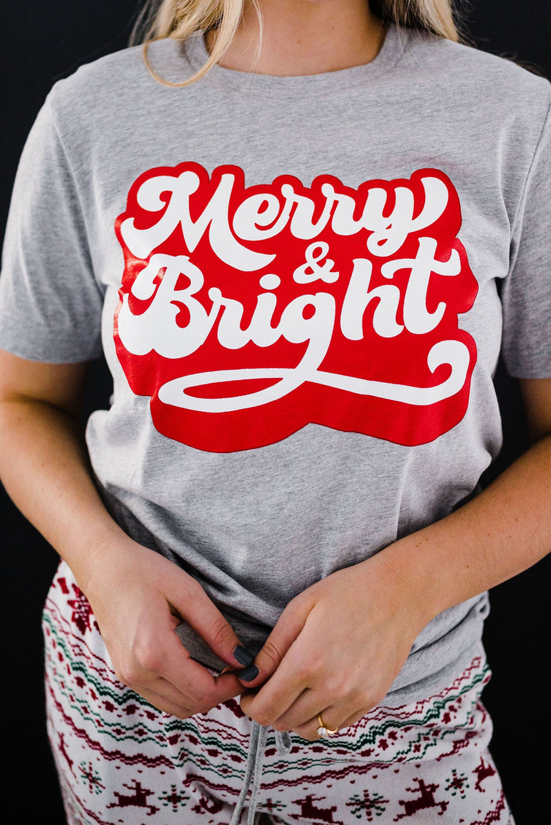 Merry and Bright Graphic Tee- Grey